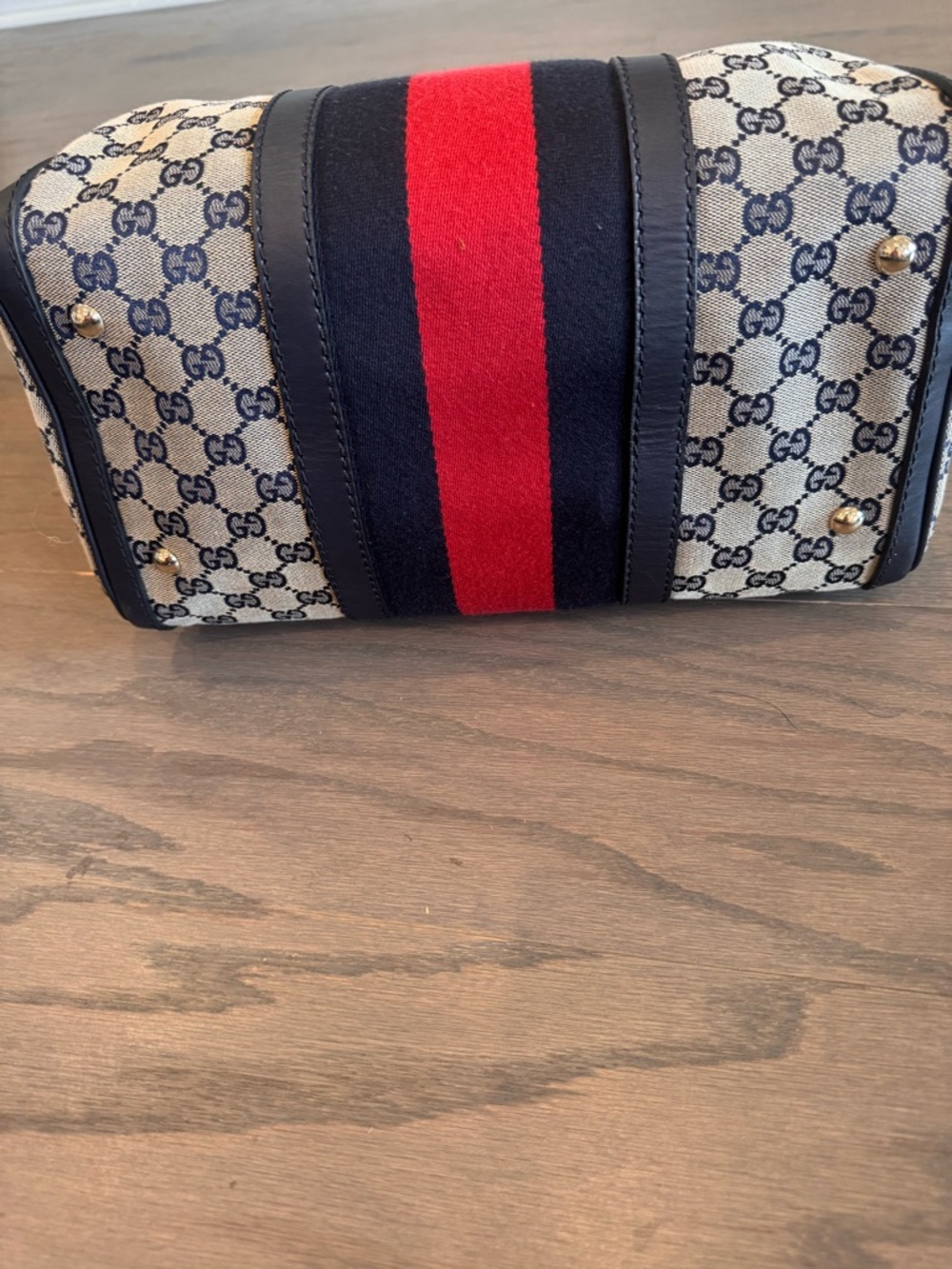 Gucci Beige GG Canvas Boston Bag with Navy and Red Stripe - Picture 6 of 11